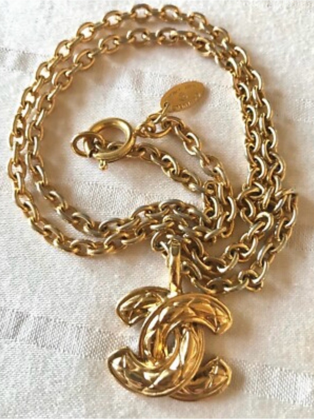 Double C Gold- Tone Logo Quilted Pendant Necklace 20 inch Adjustable Chain